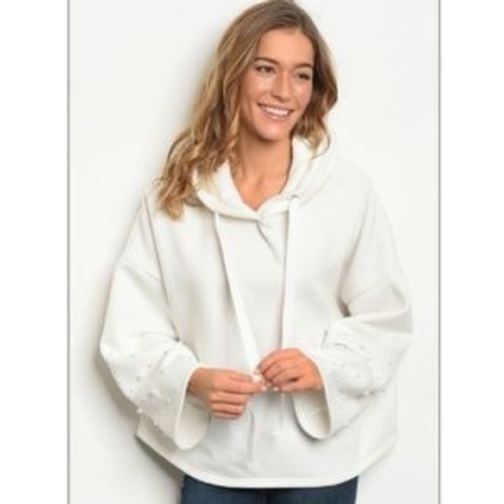 Pearl Studded Hooded Sweatshirt Fleece Lined White